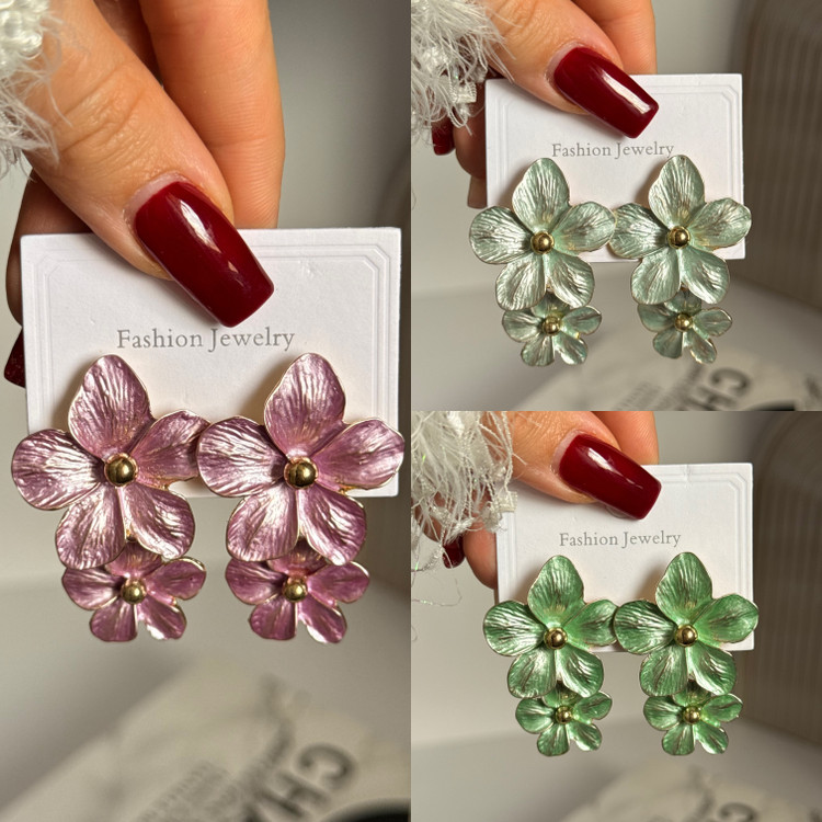 گوشواره میناکاری گل آویزی رنگ بنفش